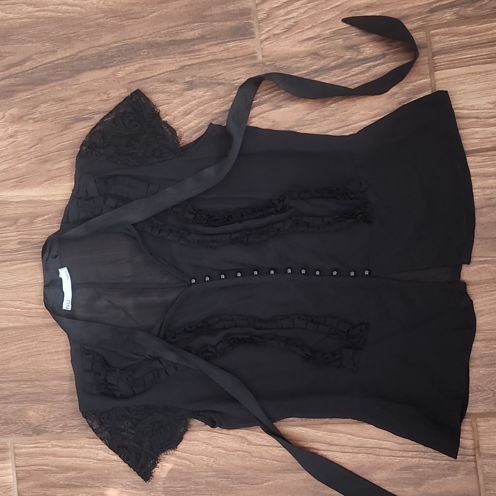 Black Short-Sleeve Ruffle Blouse with Tie Neck